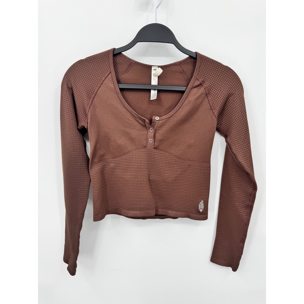 FP Movement Henley Long Sleeve Women M/L Brown Open Back Seamless Crop Top